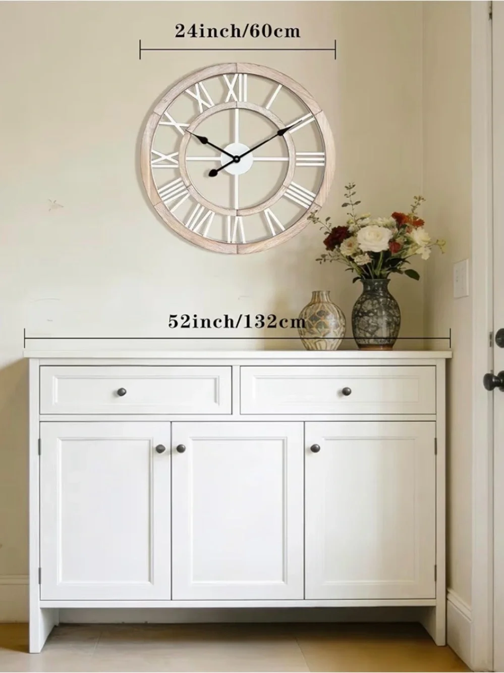 24”Large Rustic Wooden Wall Clock Silent Non-Ticking Farmhouse Decor Light Ivory